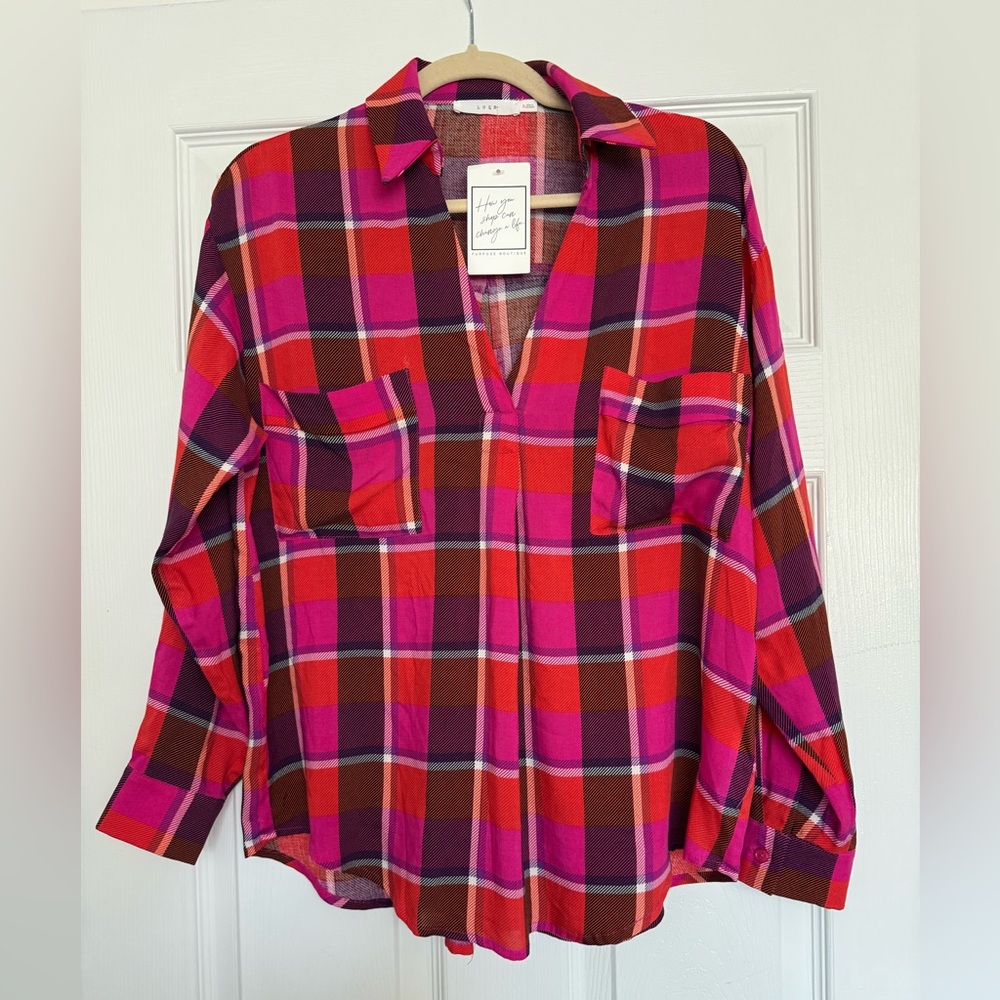 Lush Plaid Tunic Blouse in Pink & Red